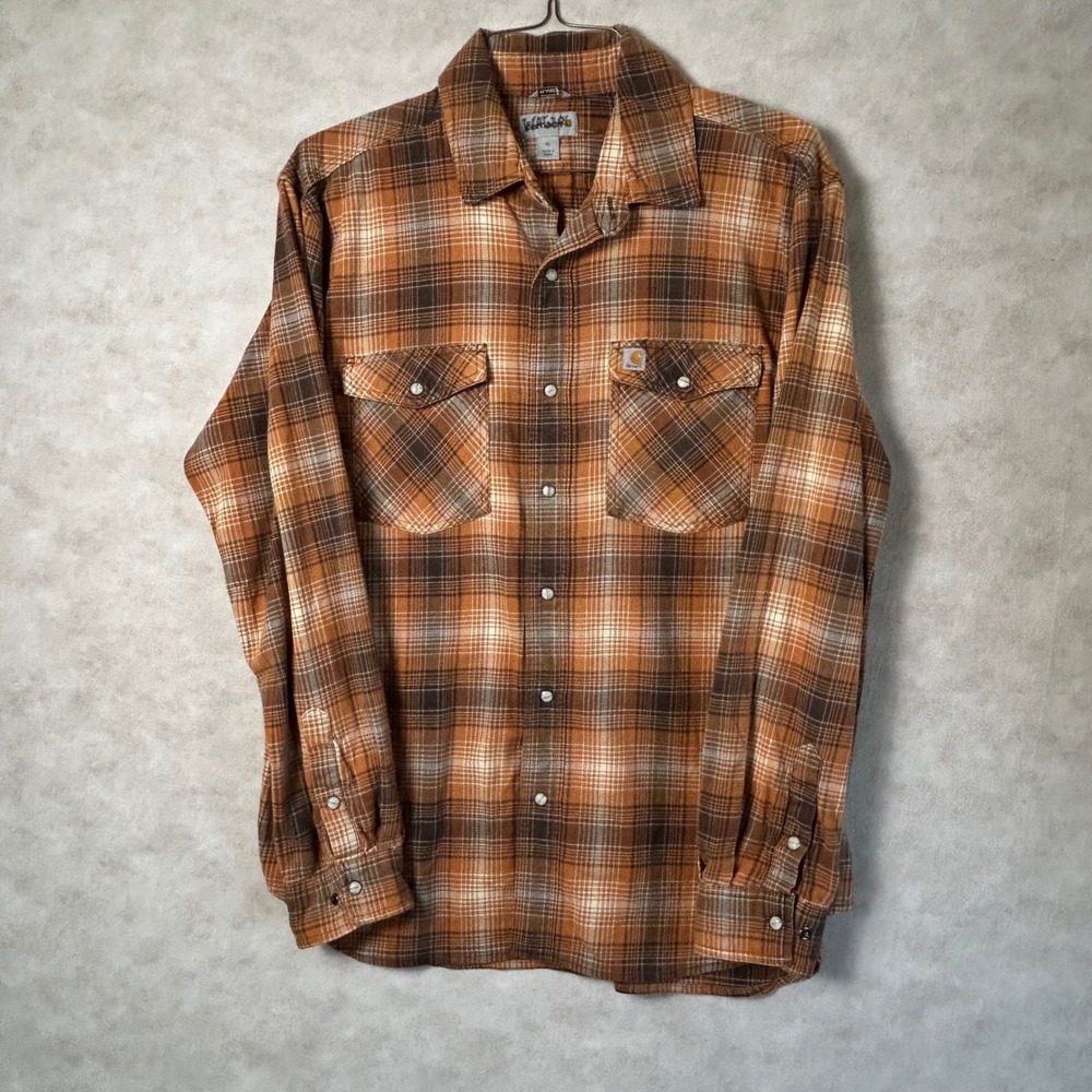 Carhartt Mens Shirt Orange Brown Plaid Relaxed Fit Long Sleeve‎ Workwear XL - Picture 2 of 9